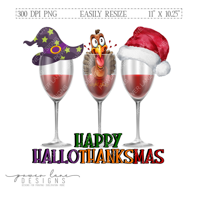 Happy Hallothanksmas Wine Glass Sublimation Design Instant Download