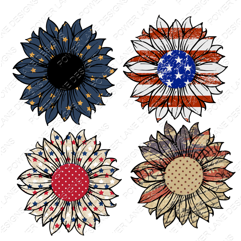 4 Cute rustic Sunflowers - Patriotic - Fourth of July - 4th of July  - Digital Download - Sublimation Design