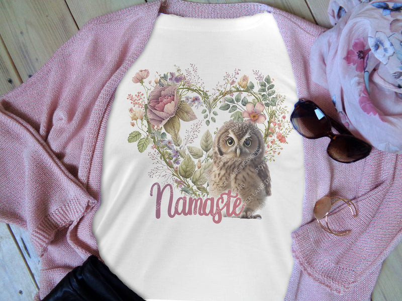 Pretty Owl Namaste with Heart Wreath TShirt Tote Doorhanger Design, Sublimation Design, PNG, Instant Download