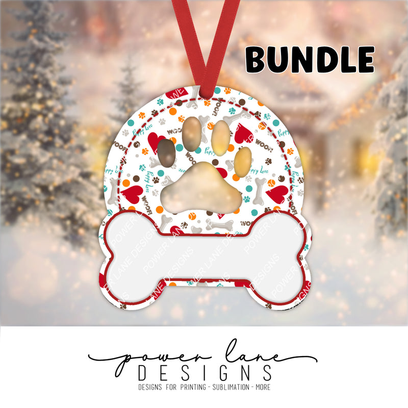 Bundle of Six Bright Dog Paw and Bone Christmas Ornaments, Sublimation Design Digital Download