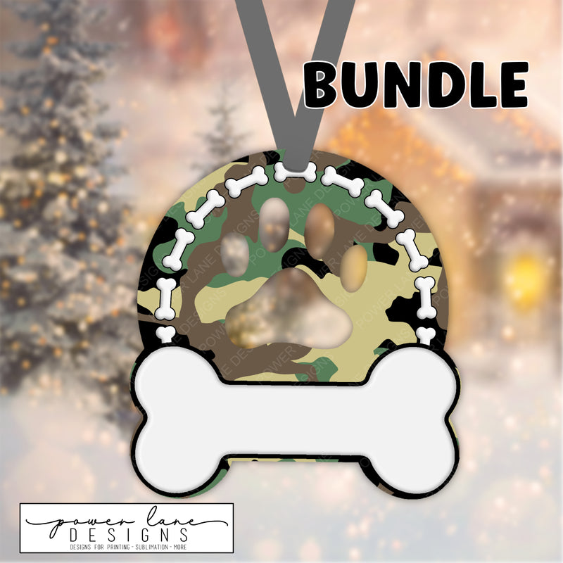 Bundle of Six Camo Dog Paw and Bone Christmas Ornaments II, Sublimation Design Digital Download