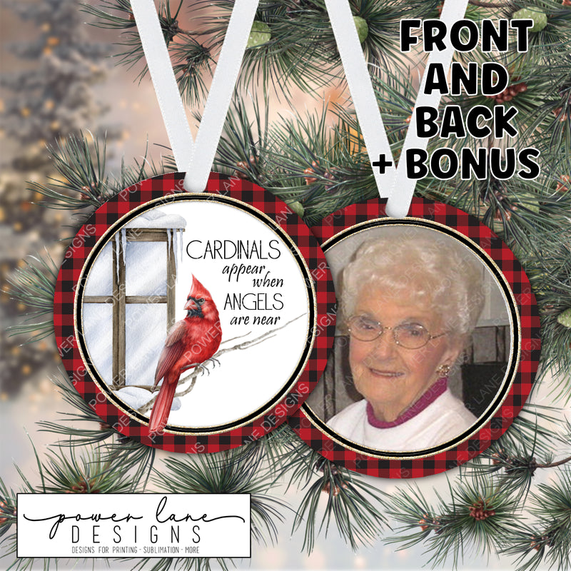 Cardinals Appear When Angels Are Near Photo Ornament Design - Red and Black Plaid Christmas - Sublimation Design - Instant Download