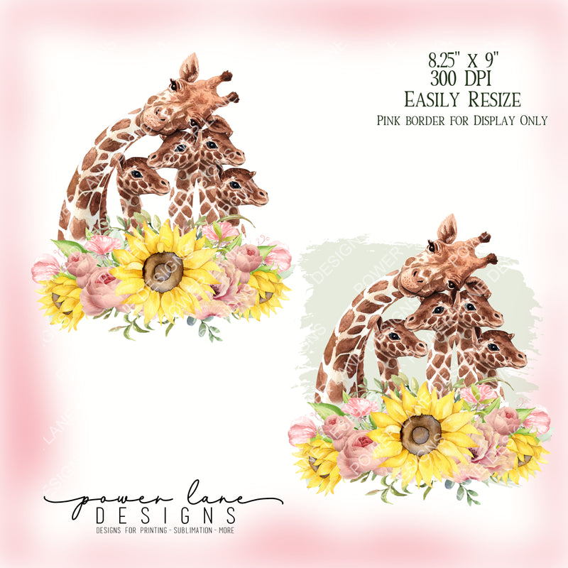 Giraffe Giraffes - Mother and 4 Babies - Nursery - Mother's Day - Moms Day - Pink Roses Sunflowers - PNG - Digital Download -Sublimation Design