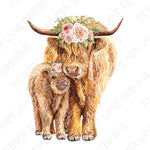 Highland Cow and Calf - Farmhouse - Purple Pink Flower Crown - T-Shirt Design - Bundle of 2   - PNG - Digital Download - Sublimation Design