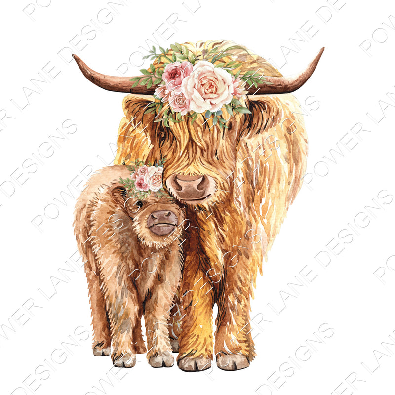 Highland Cow and Calf - Farmhouse - Purple Pink Flower Crown - T-Shirt Design - Bundle of 2   - PNG - Digital Download - Sublimation Design