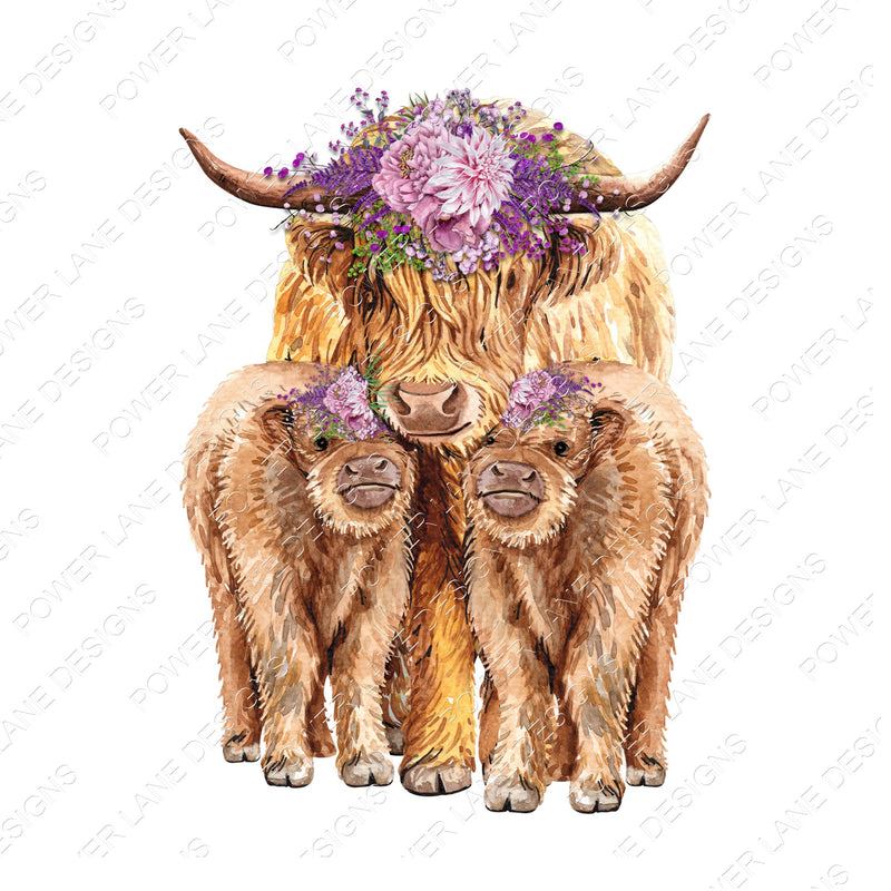 Highland Cow and Calf Twins - Farmhouse - Purple Pink Flower Crown - T-Shirt Design - 2 PNGs   - PNG - Digital Download - Sublimation Design