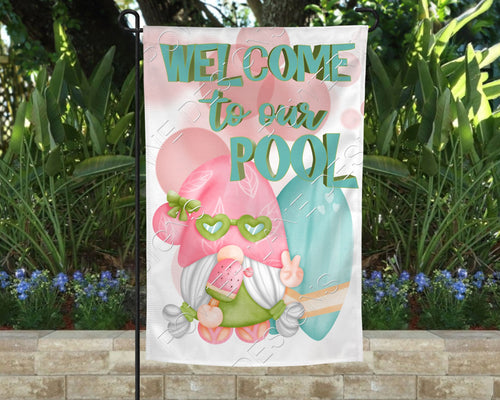 Watercolor - Garden Flag - Welcome to the (Our) Pool - 2 PNGs - Gnome - Customize to Sell - Lawn Decor - Digital Download - Sublimation