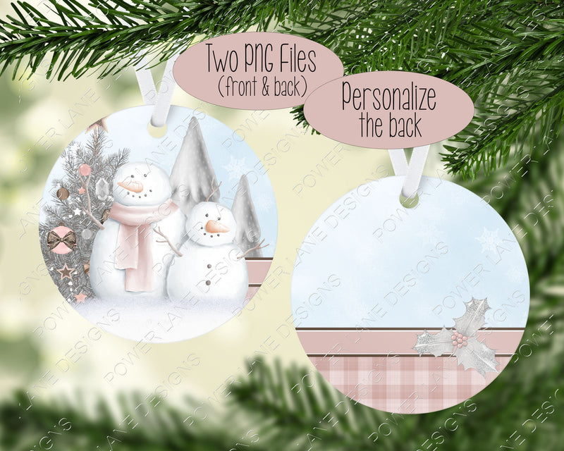 Christmas Sublimation Designs, Round Ornament 2 Designs, Snowman Couple, Pink, Personalize the Back, PNG Sublimation Design Digital Download