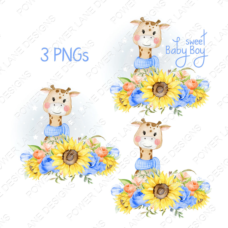 Adorable Giraffe - Baby Boy - Nursery - Baby's First Christmas - Blanket - Blue Flowers Sunflowers PNG, Digital Download, Sublimation Design