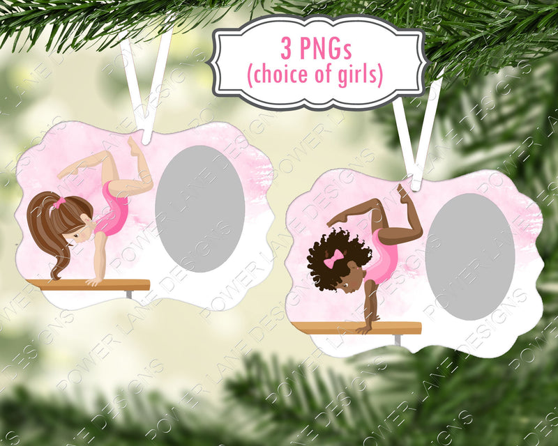 Christmas Sublimation Designs, 2 Gymnastic Girls Photo Ornaments (3 PNGs each), Gymnastic Ornament, PNG, Sublimation Design Digital Download