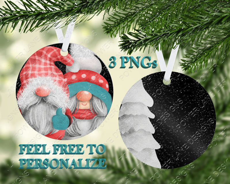 Christmas Gnomes Sublimation Designs, 3 Designs, Round Christmas Ornaments, Gnome Couple, PNG, Sublimation Design Digital Download