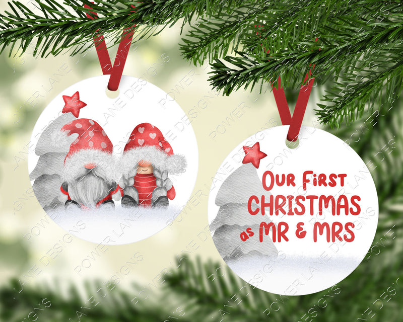 Gnome Couple Sublimation, Our First Christmas as Mr Mrs Round Ornament Sublimation Design, 2 PNGs, Instant Digital Sublimation PNG Download