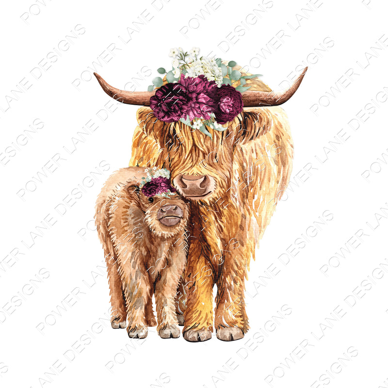 Highland Cow and Calf - Burgundy Flower Crown - Farmhouse - T-Shirt Design - PNG - Digital Download - Sublimation Design