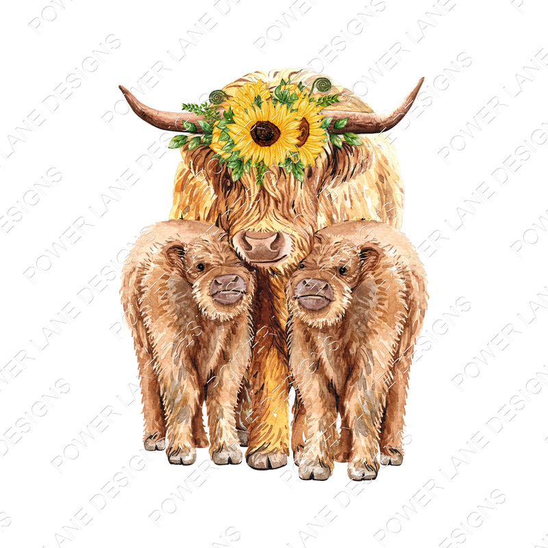 Highland Cow and Calf Twins - Farmhouse - Sunflower Crown - T-Shirt Design - PNG - Digital Download - Sublimation Design