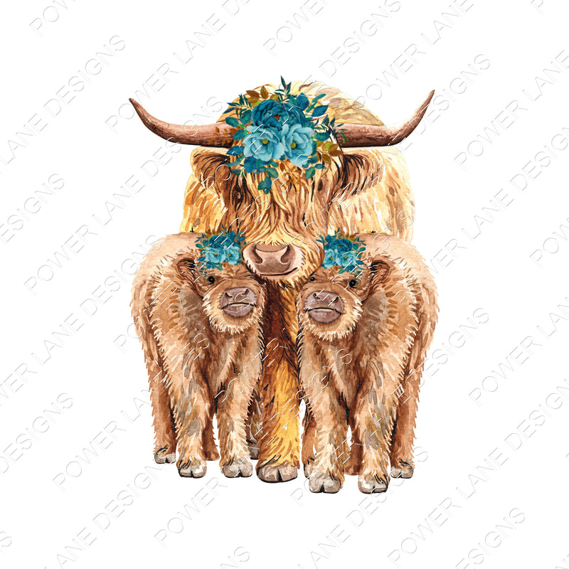 Highland Cow and Calf - Twin Calves - Farmhouse - Teal Flower Crown - T-Shirt Design - PNG - Digital Download - Sublimation Design