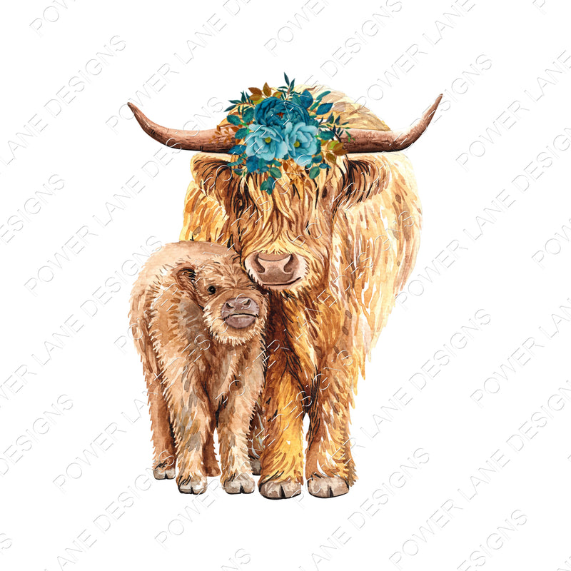 Highland Cow and Calf - Long Hair Cow - Farmhouse - Teal Flower Crown - T-Shirt - Mug Design - PNG - Digital Download - Sublimation Design